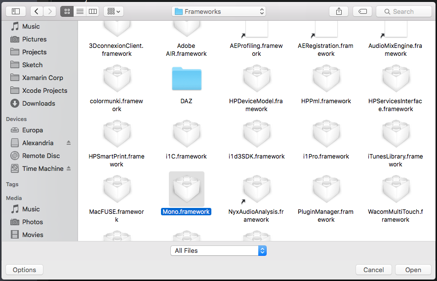 Select the name of the Native Framework to embed and click the Open button