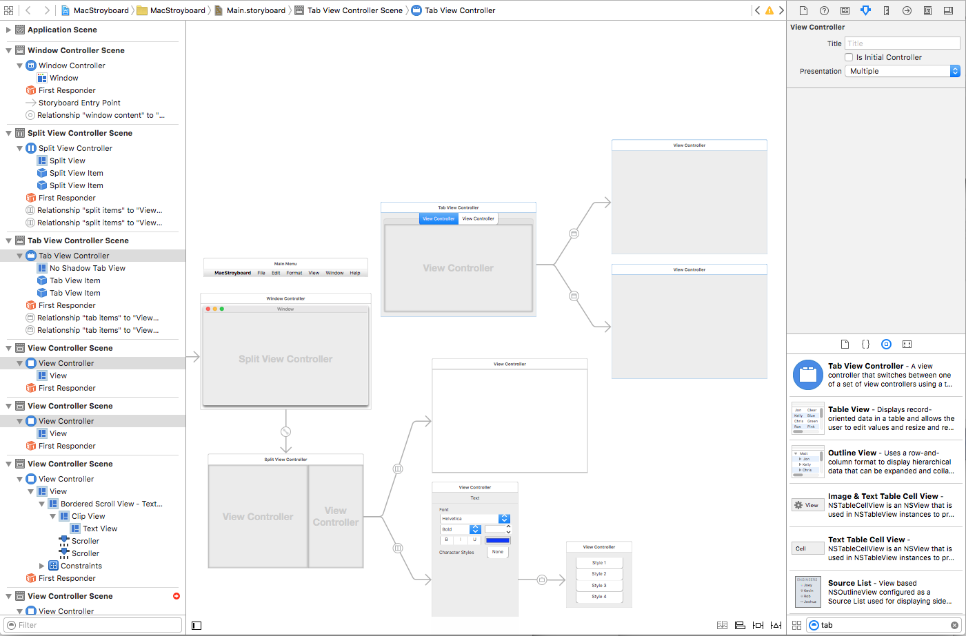 Editing the storyboard in Xcode by first dragging the Tab View Controller onto the Design Surface.
