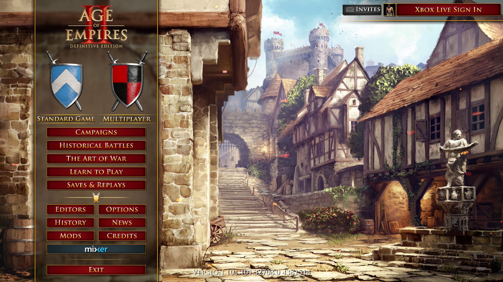 Age of Empires 2 Definitive Edition main menu. Nella parte superiore del menu è il logo Age of Empires 2 con opzioni di menu sotto di esso.