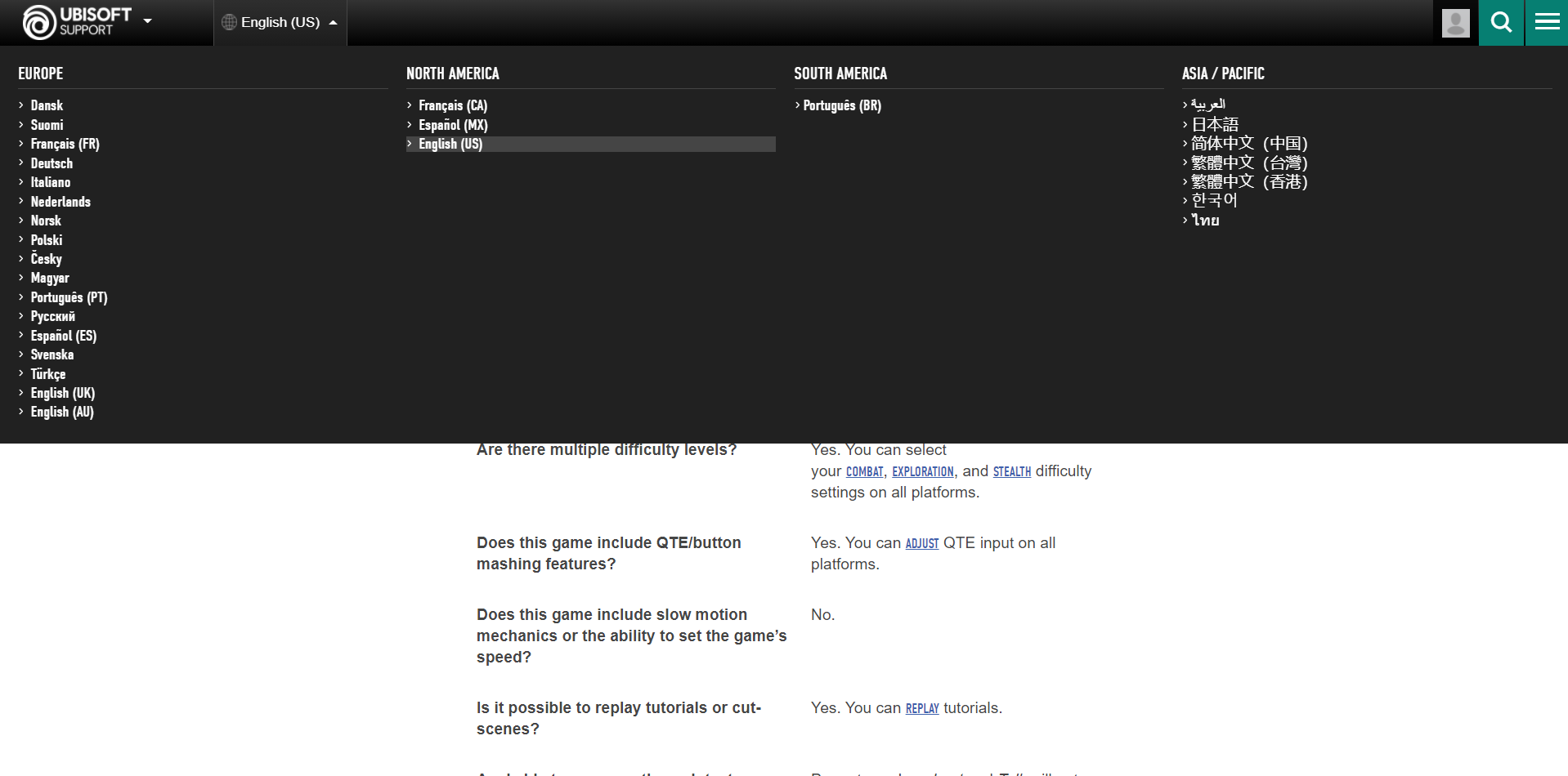 Una screenshot che mostra le varie lingue in cui è localizzato il sito web di supporto di Ubisoft.