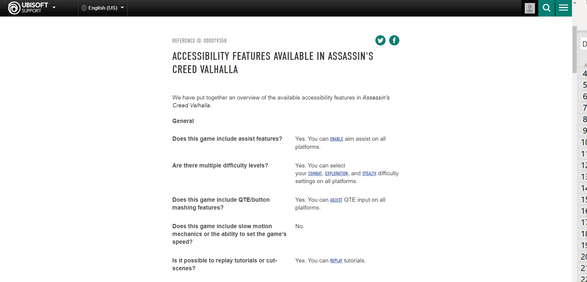 Screenshot della documentazione di accessibilità di alto livello di Assassin's Creed Valhalla sul sito Web di Ubisoft. 