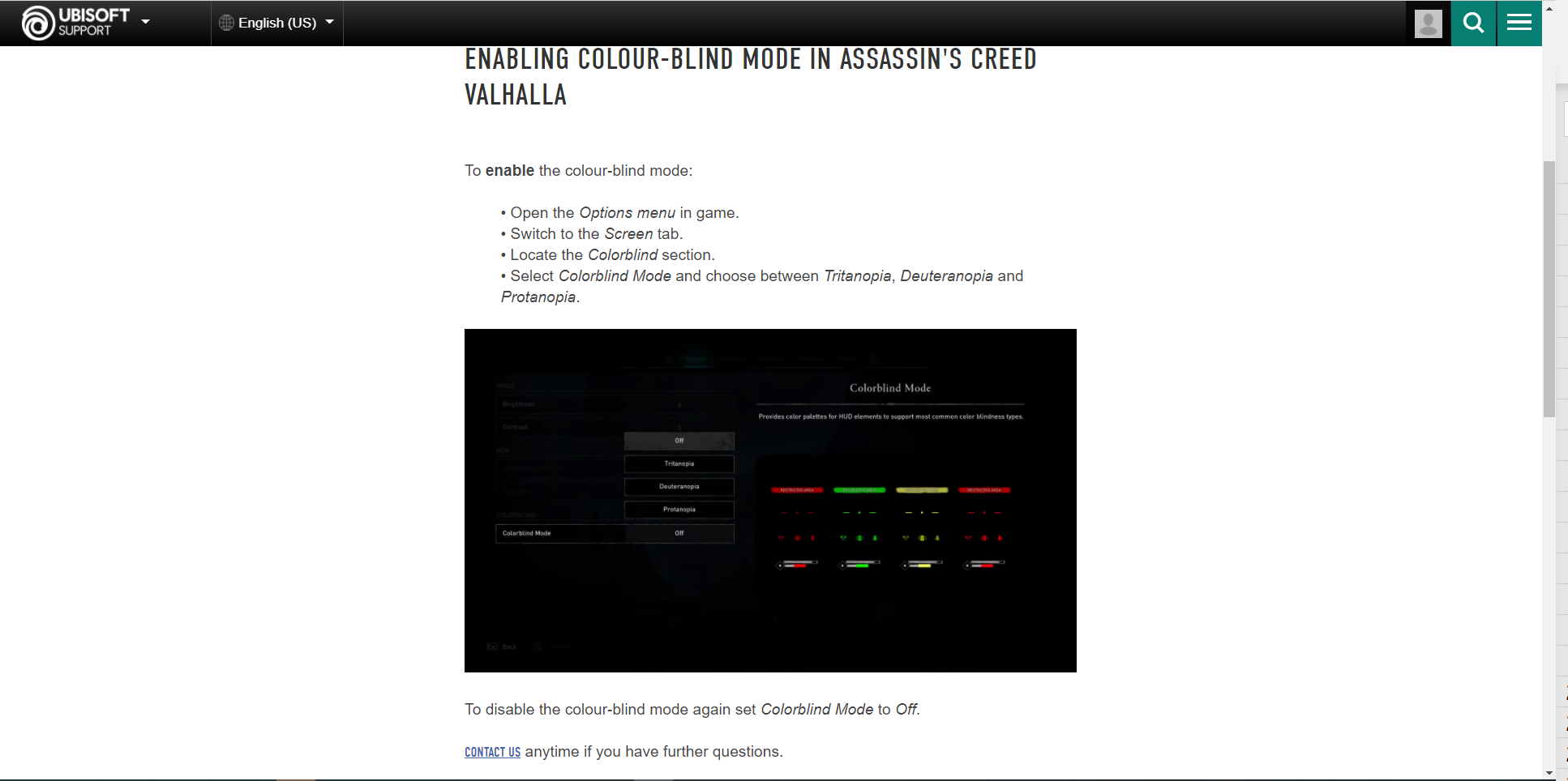 Una screenshot delle informazioni dettagliate sulle funzionalità di accessibilità per il daltonismo in Assassin's Creed Valhalla sul sito Web di Ubisoft.