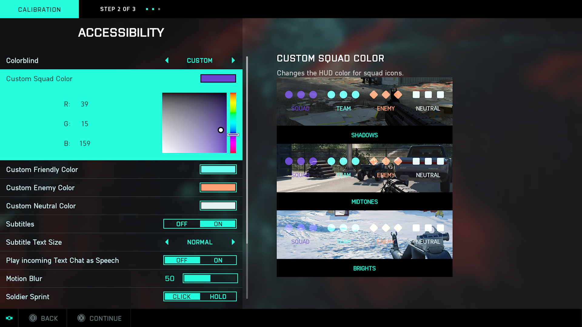 screenshot del menu Accessibilità di battlefield 2042 che consente di esplorare l'opzione personalizzata per il colore cieco con selezione colori. Vengono visualizzati valori RGB, selezione colori e tonalità.