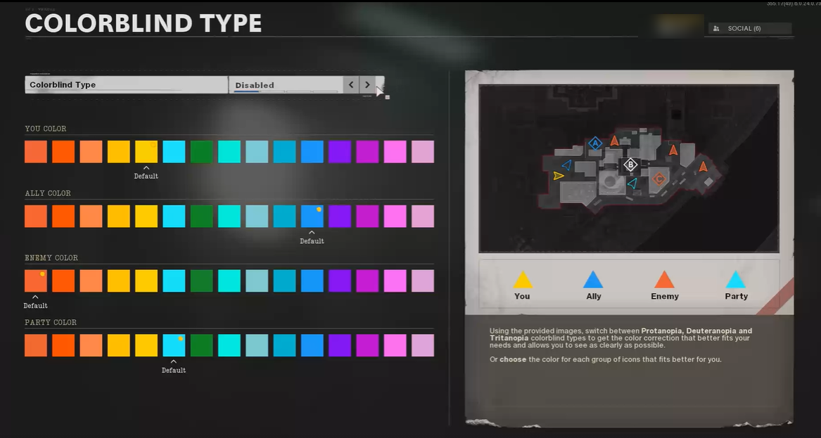 Call of Duty: Black Ops menu del tipo di daltonismo. L'opzione del tipo di daltonismo è impostata su disabilitata. Sotto questa opzione ci sono quattro selettori di colore per le icone della mini-mappa del giocatore, degli alleati, dei nemici e dei membri della squadra. Sul lato destro dello schermo è presente una mini-mappa con icone e una legenda che mostra i colori selezionati per ogni icona.