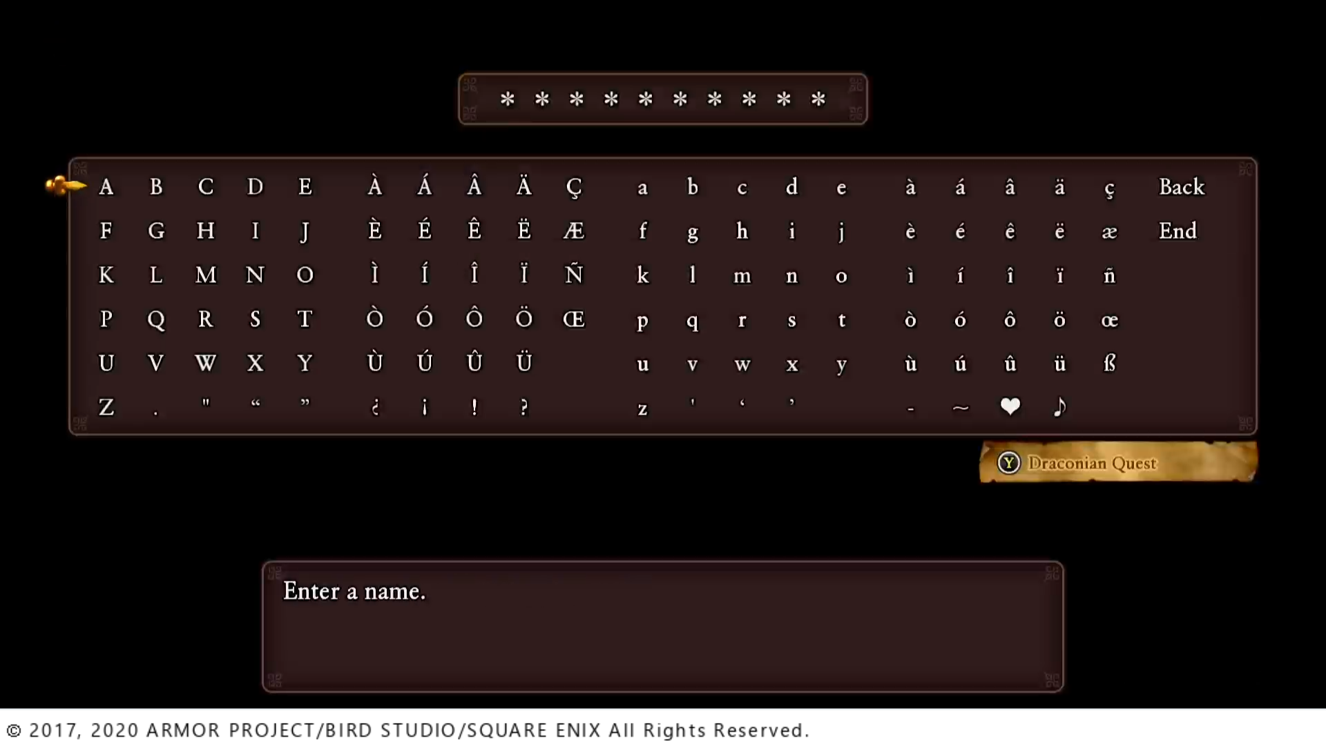 Schermata di Dragon Quest XI S: Echoes of an Elusive Age del menu di denominazione del personaggio con asterischi segnaposto per ogni spazio di lettera consentito per il nome. Il copyright in basso dice 