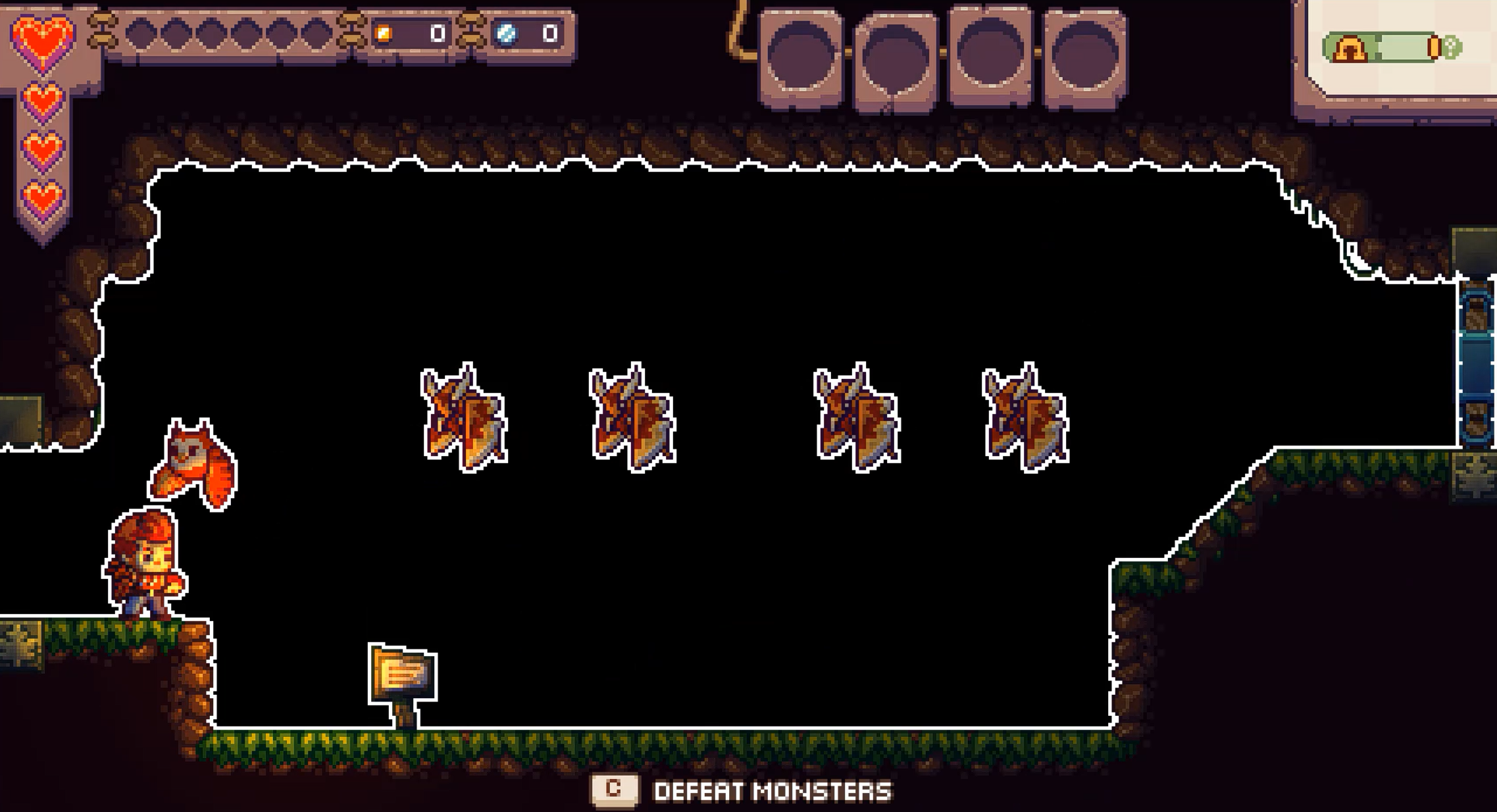 Un livello nel gioco Eagle Island, un platform 2D. Il personaggio si trova su una sporgenza. Ci sono diversi nemici che sembrano uccelli galleggianti nel mezzo di una stanza vuota. Il giocatore, il pavimento, il soffitto e i nemici sono tutti delineati in bianco in modo che si distinguono contro lo sfondo nero.
