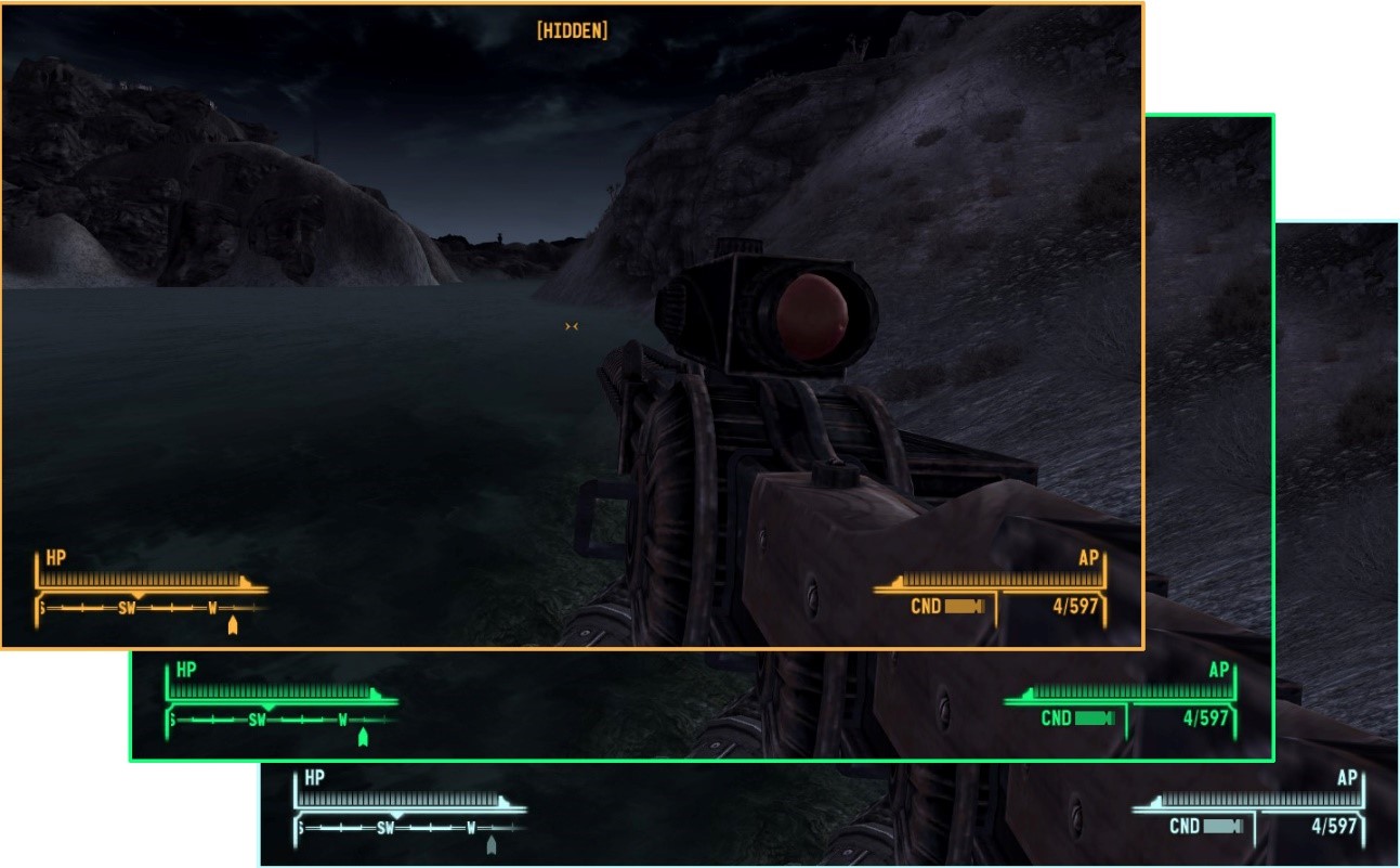 Tre screenshot di Fallout: New Vegas con HUD colorati diversi. In uno, l'HUD è giallo; nel secondo, è verde; e il terzo, è blu chiaro.