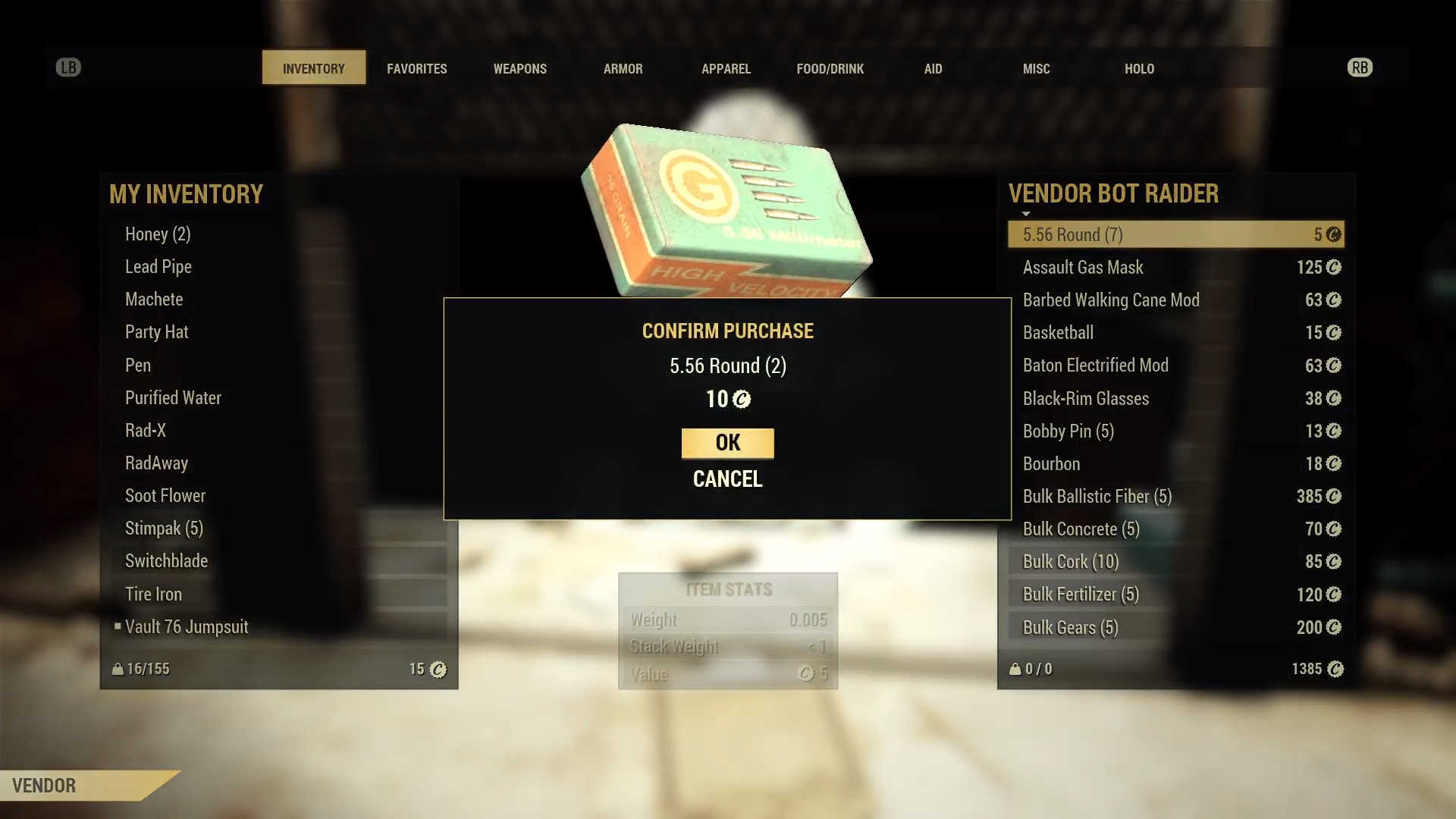 Screenshot di Fallout 76 di una transazione commerciale con un prompt di conferma che permette al giocatore di scegliere se dire 