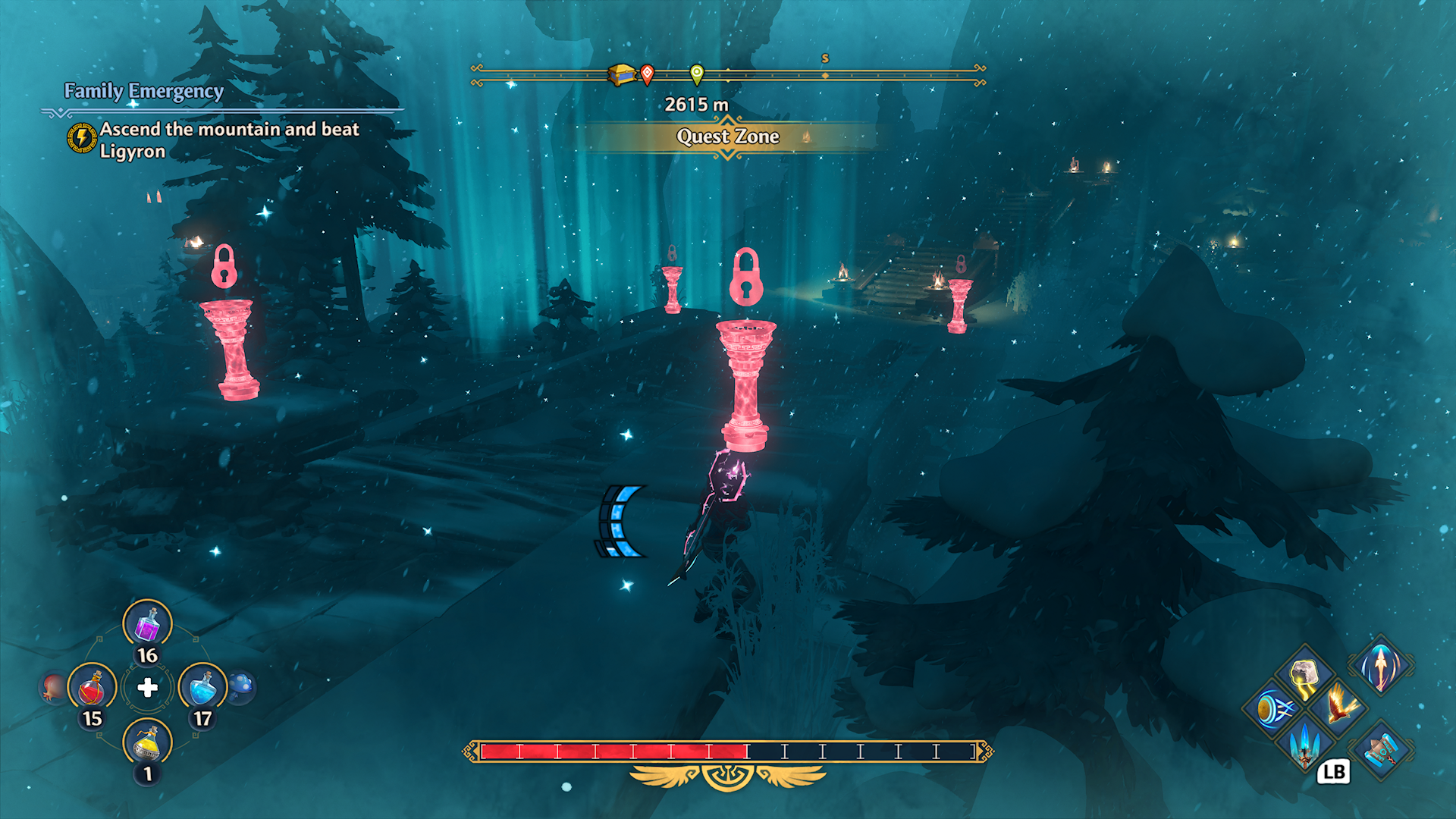 Screenshot di Fenyx Immortals Rising che mostra 4 torce rosse trasparenti, ciascuna con un'icona di blocco rosso brillante sopra. Le torce rosse contrastano bene con i blu scuri circostanti in un paesaggio coperto di neve debolmente illuminato.