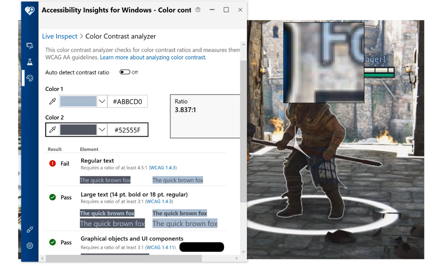 Un utente controlla il rapporto di contrasto dei colori in For Honor utilizzando Accessibility Insights per Windows.