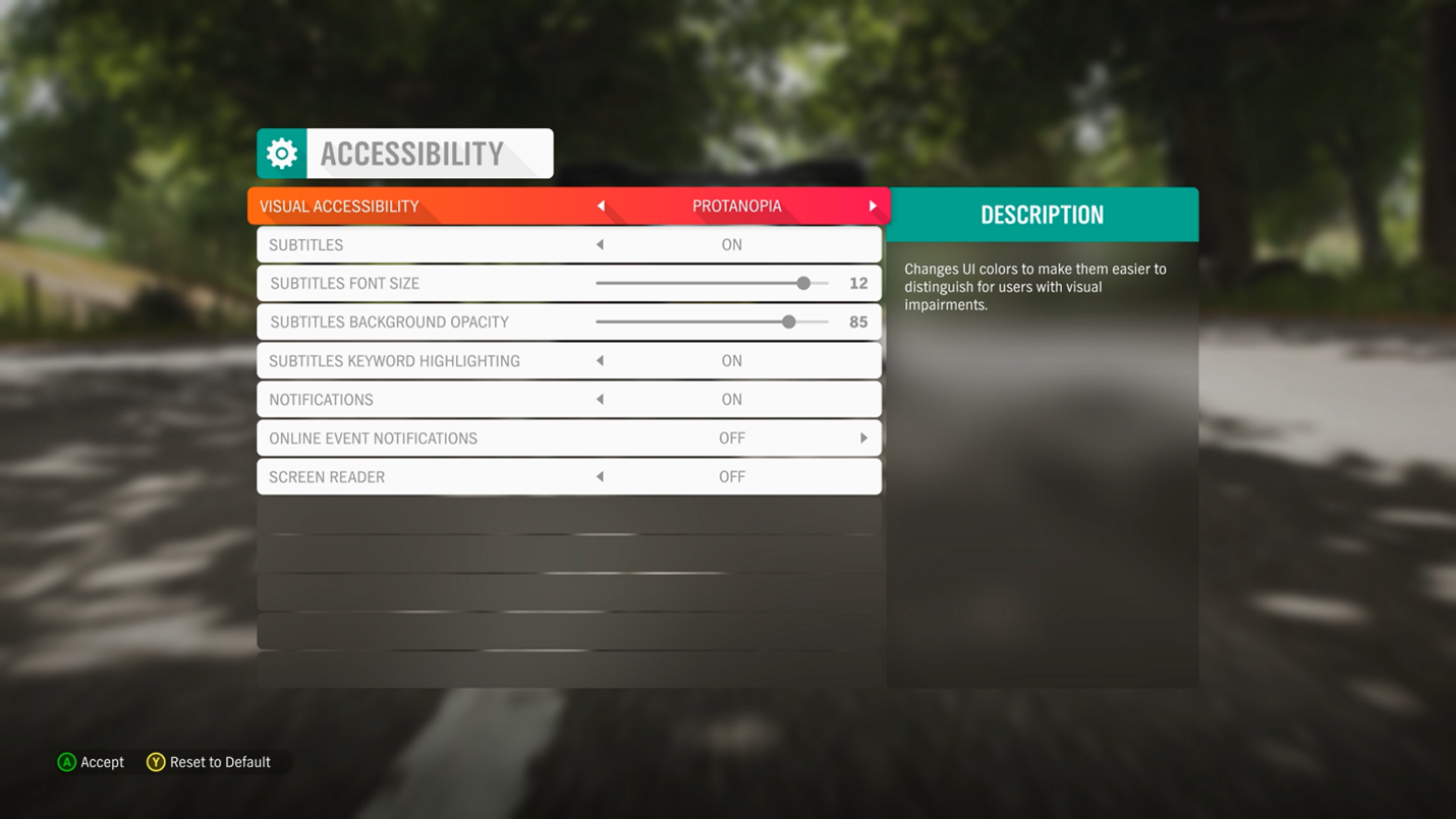 Menu Di accessibilità di Forza Horizon 4. L'opzione di accessibilità visiva è evidenziata e il giocatore scorre le opzioni Deuteranopia, Protanopia, Tritanopia e Modalità a contrasto elevato.
