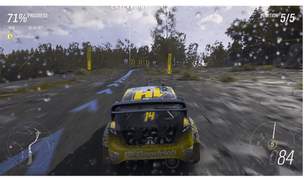 La stessa immagine di un'auto da corsa che guida su una strada di sporcizia in Forza Horizon 4 con un filtro applicato che rimuove la maggior parte del colore. Il percorso blu sulla mini-mappa è diventato una linea grigia pallido ed è difficile distinguere dalle altre strade. Il tachimetro non è più rosso e verde; è solo grigio.