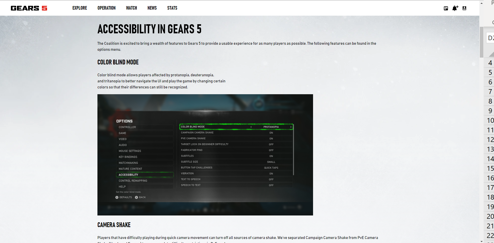 Screenshot della documentazione sull'accessibilità di Gears 5 nel sito Web.