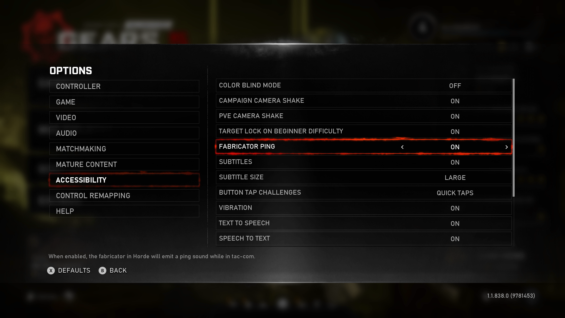 Impostazioni di accessibilità di Gears 5. L'opzione ping del fabbricatore è focalizzata e impostata su Sì.