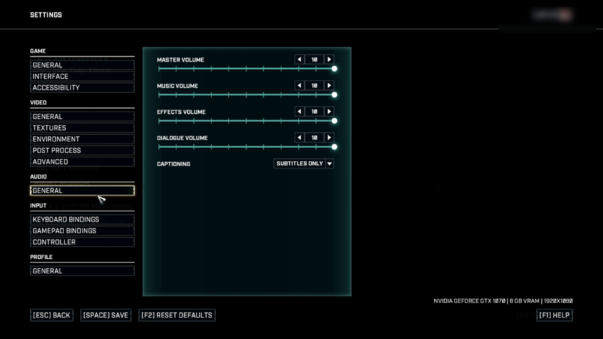 Impostazioni audio di Gears Tactics. Sono presenti quattro cursori per controllare i diversi volumi. Il cursore è di un bianco brillante su uno sfondo blu scuro.