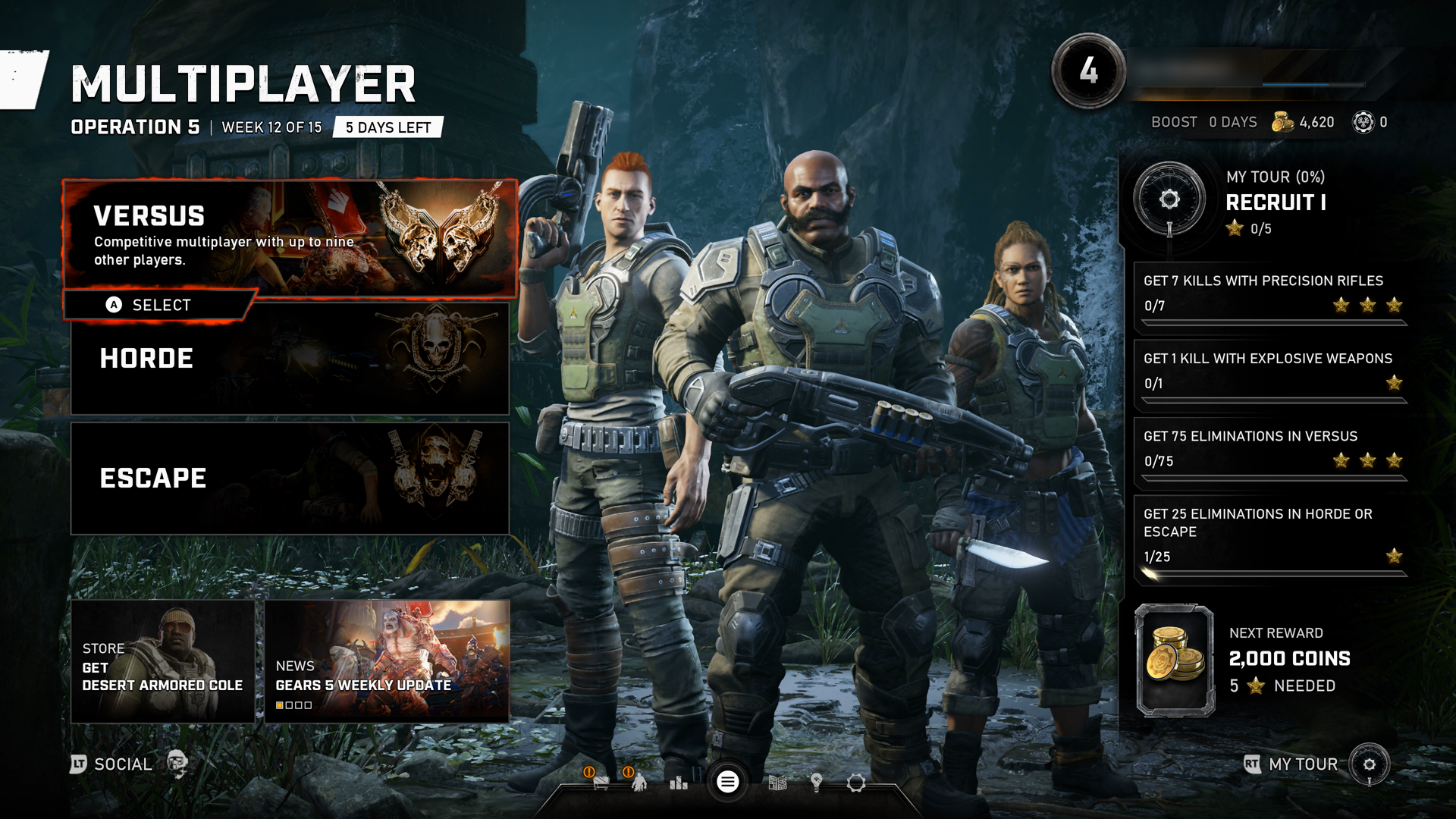 Gears 5 Vss menu. Il riquadro Vss è selezionato. Mostra un'immagine di un personaggio giocatore e di un viso nemico con testo bianco nella parte inferiore davanti a una sfumatura nera. Il testo dice: 