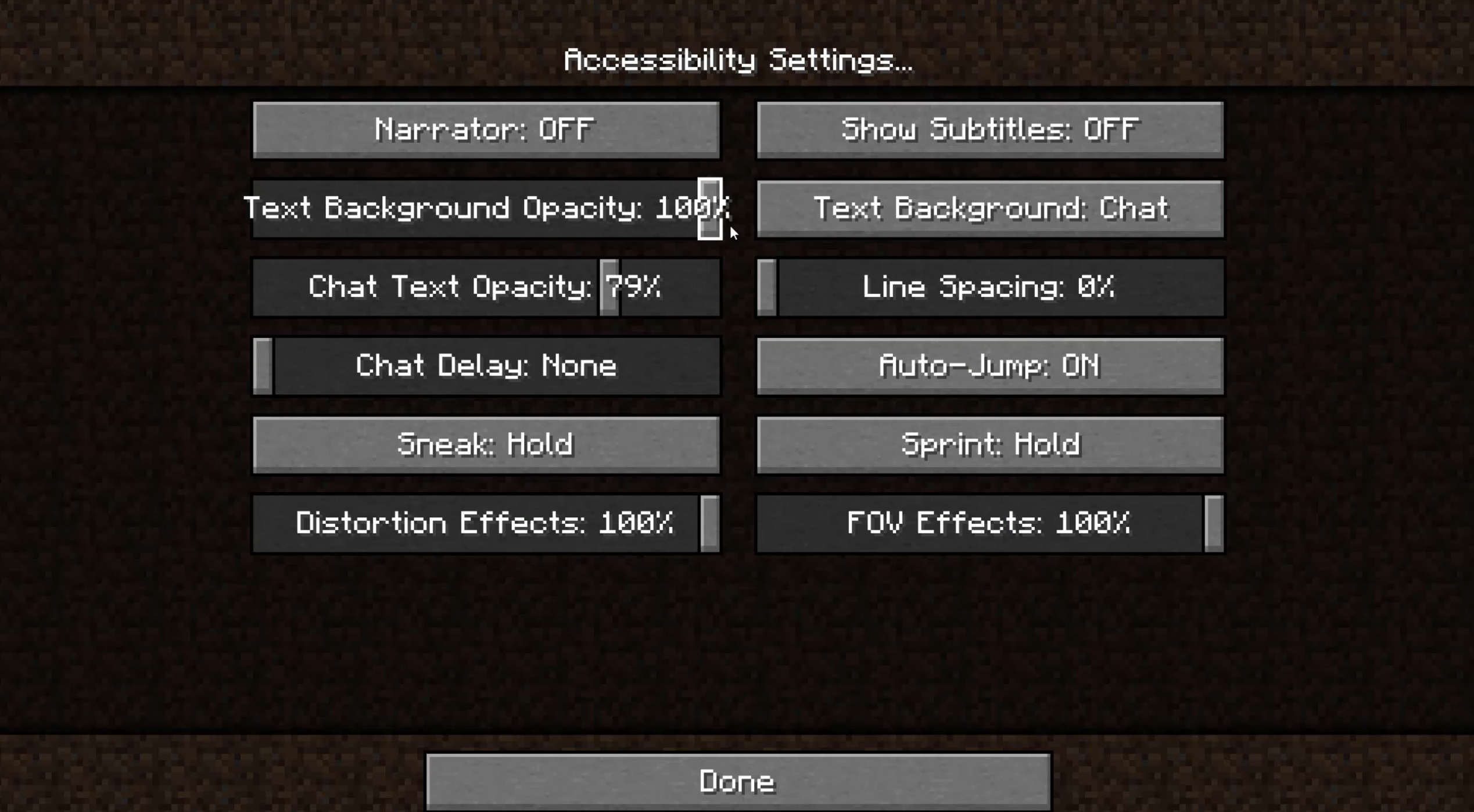 Menu Impostazioni accessibilità di Minecraft. Il dispositivo di scorrimento per Text Background Opacity è impostato su 100%. L'opzione Sfondo testo è impostata sulla chat. Il dispositivo di scorrimento per Chat Text Opacity è impostato su 79%.