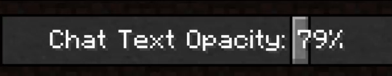 Impostazione dell'opacità del testo della chat tramite il cursore di scorrimento di Minecraft. Il cursore è impostato al 79%.