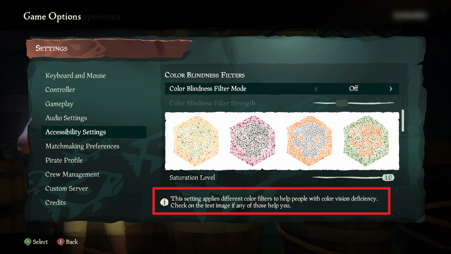 Menu Impostazioni accessibilità Sea of Thieves. Lo sfondo del menu è turchese chiaro con un motivo di pesce turchese scuro. Il testo del menu è bianco con uno sfondo più scuro dietro di esso in modo che sia distinguibile dallo sfondo.