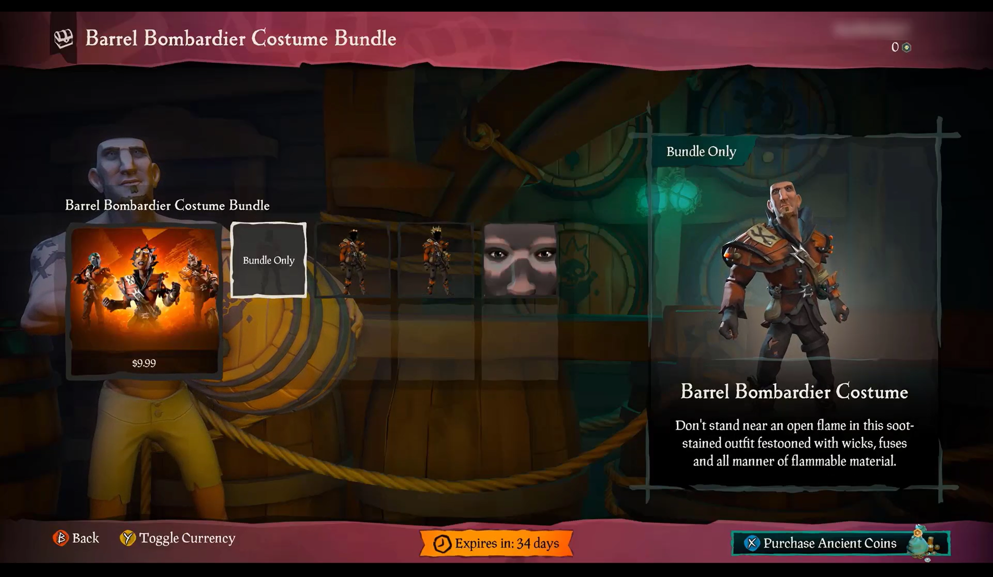 Screenshot di Sea of Thieves del negozio in-game in cui la selezione corrente è disattivata con il testo bianco che dice 