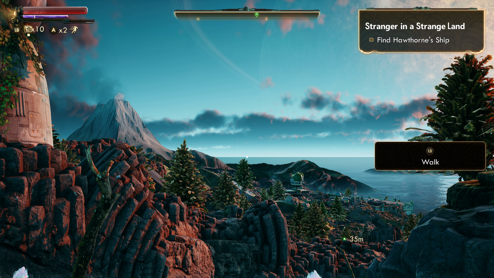 Giocatore che esplora un'isola nel gioco The Outer Worlds. La barra di integrità, la barra di spostamento, l'obiettivo di ricerca e i sottotitoli hanno tutti un forte contrasto rispetto allo sfondo scuro, rendendoli più visibili per il giocatore.