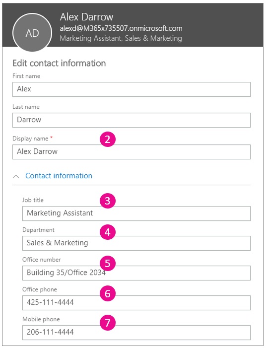 Screenshot che mostra la modifica delle informazioni di contatto.
