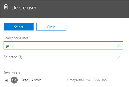 Screenshot che mostra il comando per eliminare un utente nell'amministrazione Office 365.
