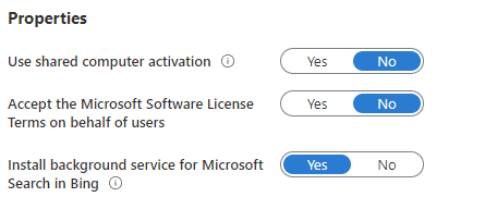 Bingでの共有コンピューターのライセンス認証、Microsoft ソフトウェア ライセンス条項、および Microsoft Search のバックグラウンド サービスのオプションを示すIntuneプロパティ設定のスクリーンショット。