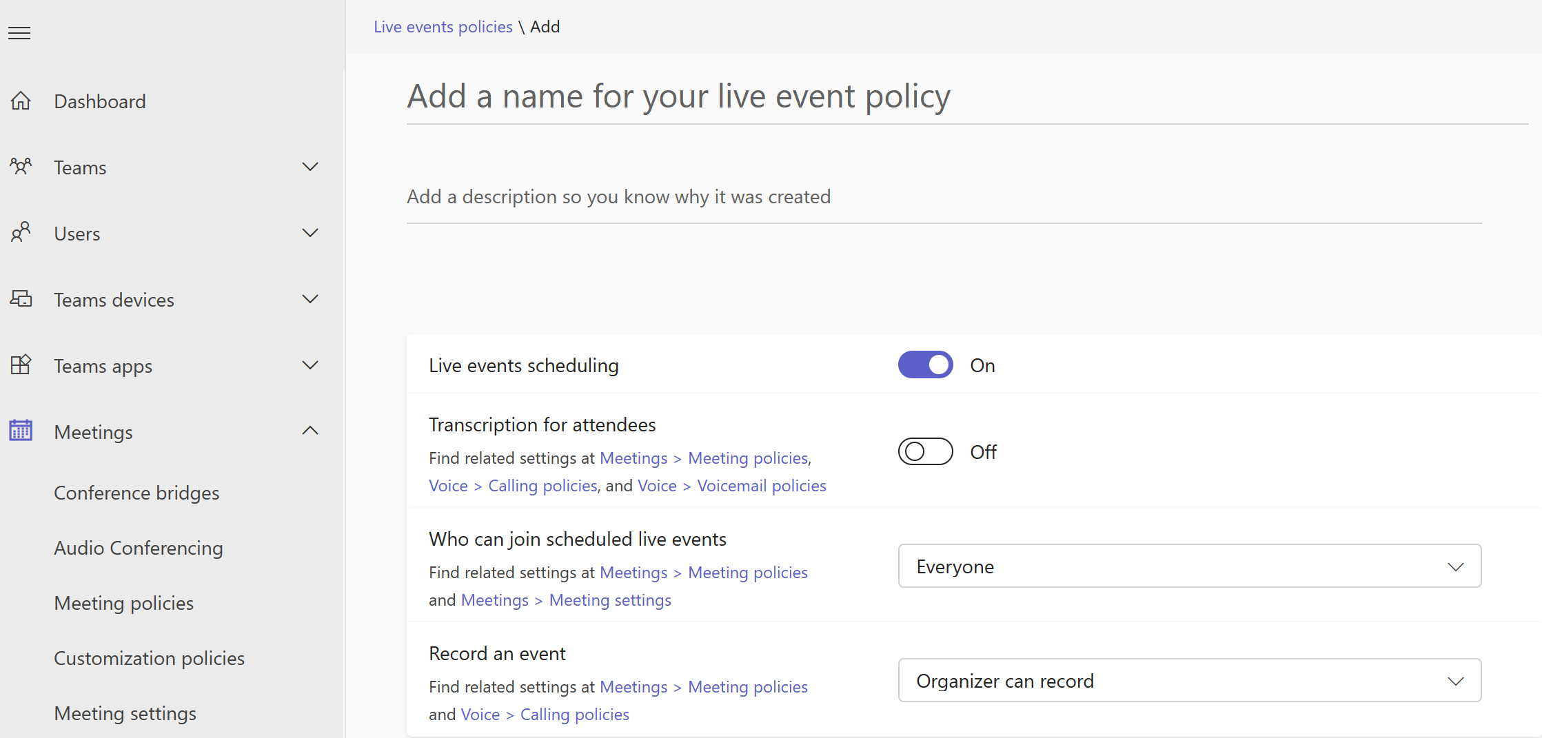 Microsoft Teams 管理センターのライブ イベント ポリシー設定のスクリーン ショット。