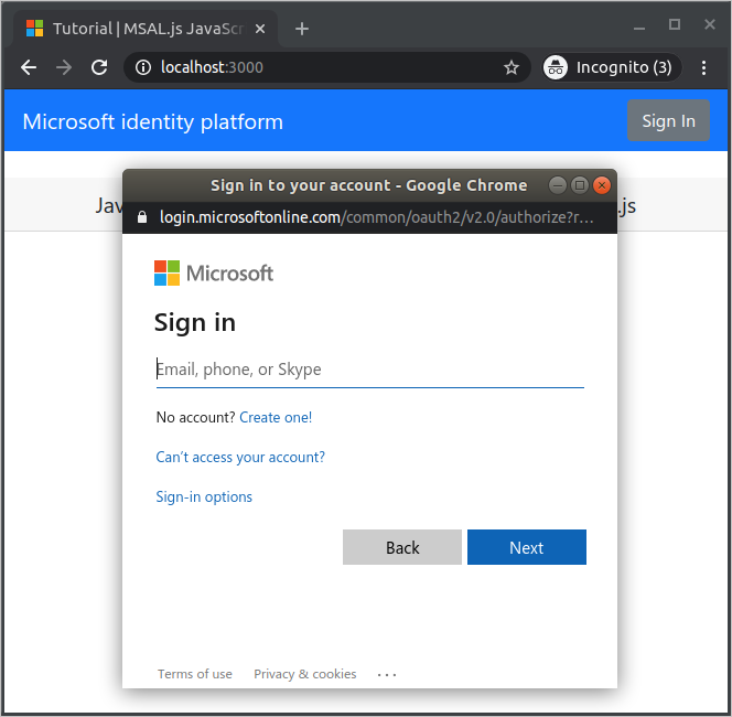 Web browser displaying sign-in dialog