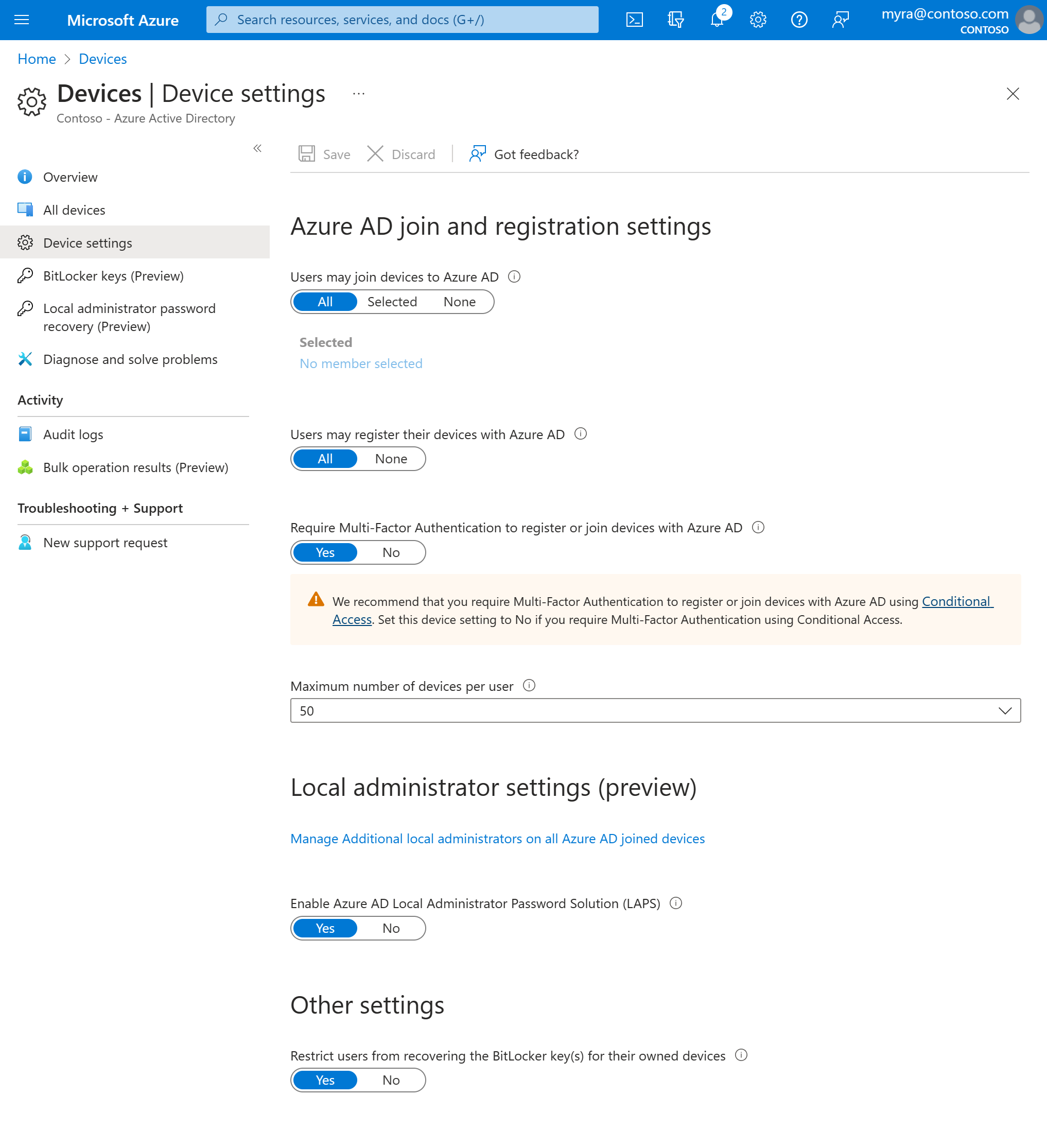 Microsoft Entra ID に関連するデバイス設定を示すスクリーンショット。
