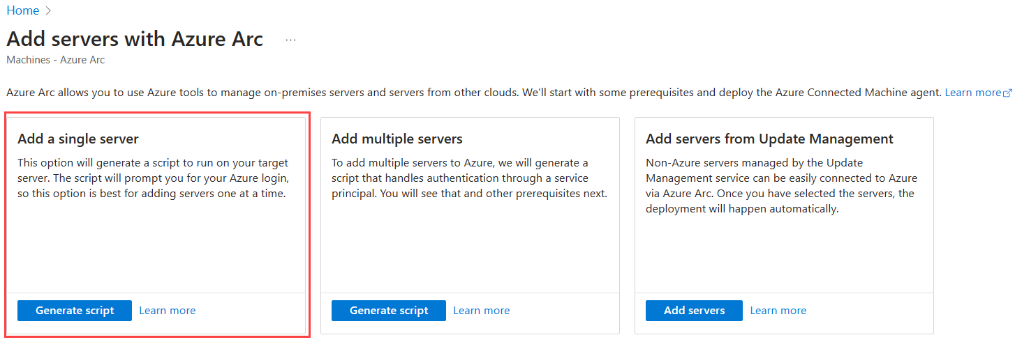 Azure portal のサーバーの追加ページを示すスクリーンショット。