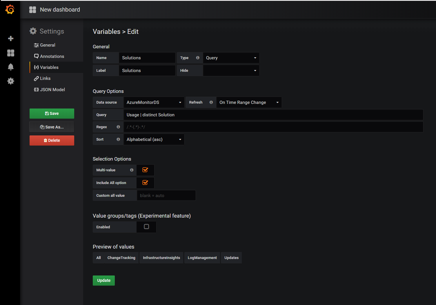 Screenshot that shows a Grafana configure variable.