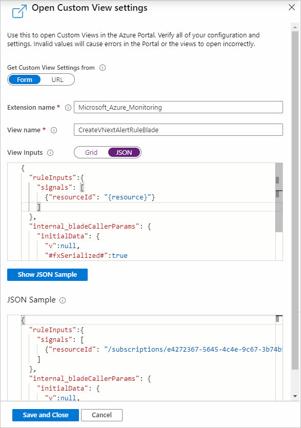 JSON のビュー入力が表示されている [Open Custom View settings] ([カスタム ビューを開く] の設定) ペインを示すスクリーンショット。
