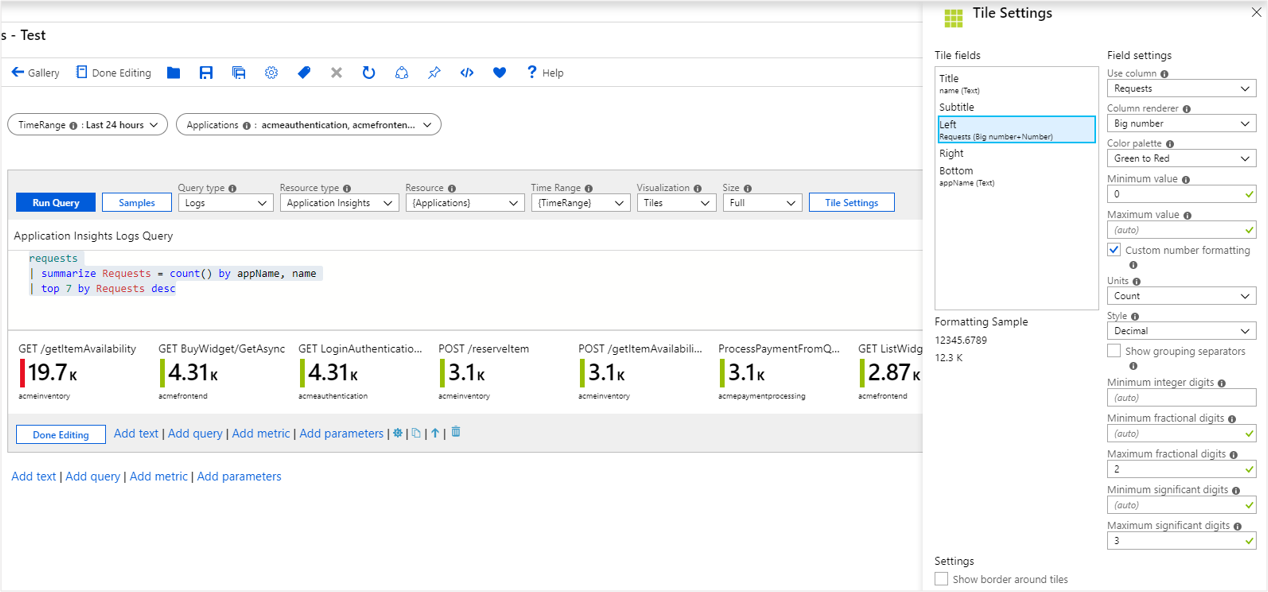 Screenshot that shows a tile summary view with query and tile settings.