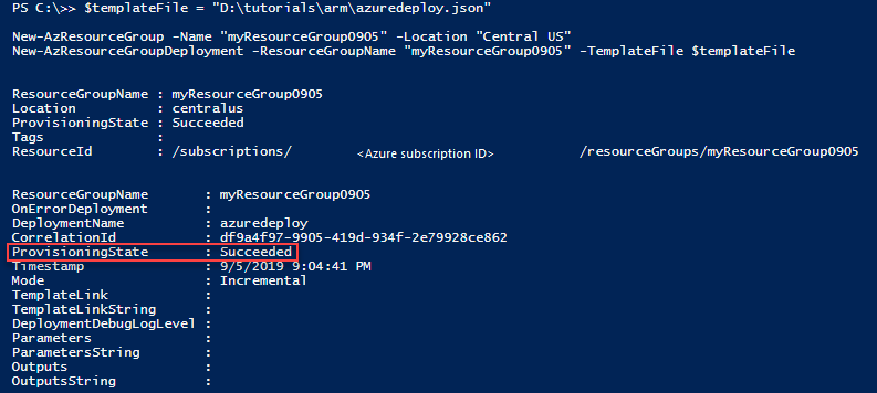 成功したデプロイ プロビジョニングの状態を示す PowerShell の出力のスクリーンショット。