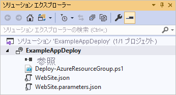リソース グループ デプロイのプロジェクト ファイルを示す Visual Studio ソリューション エクスプローラーのスクリーンショット。