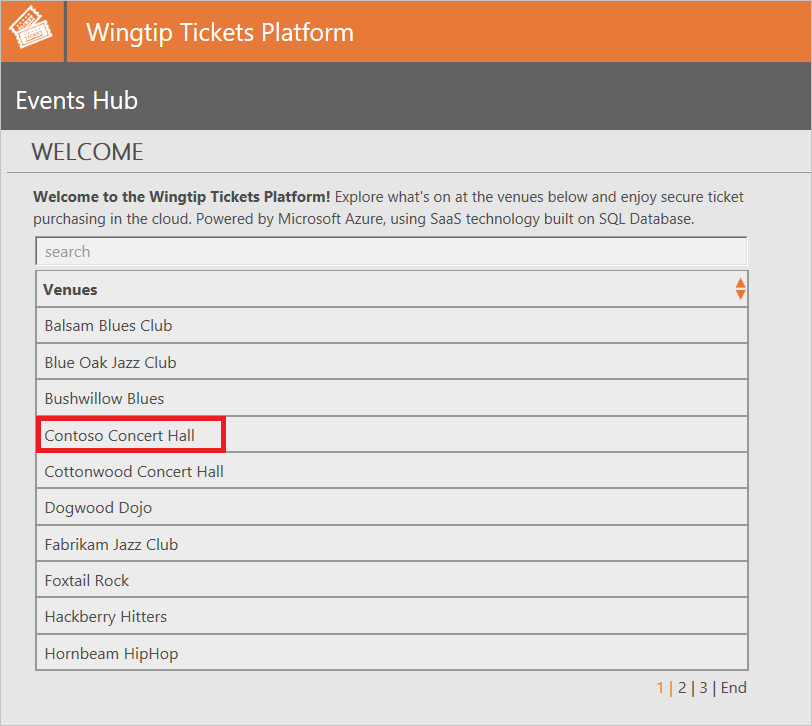 A screenshot of the events hub page of the sample application. The entry for Contoso Concert Hall is boxed in red.