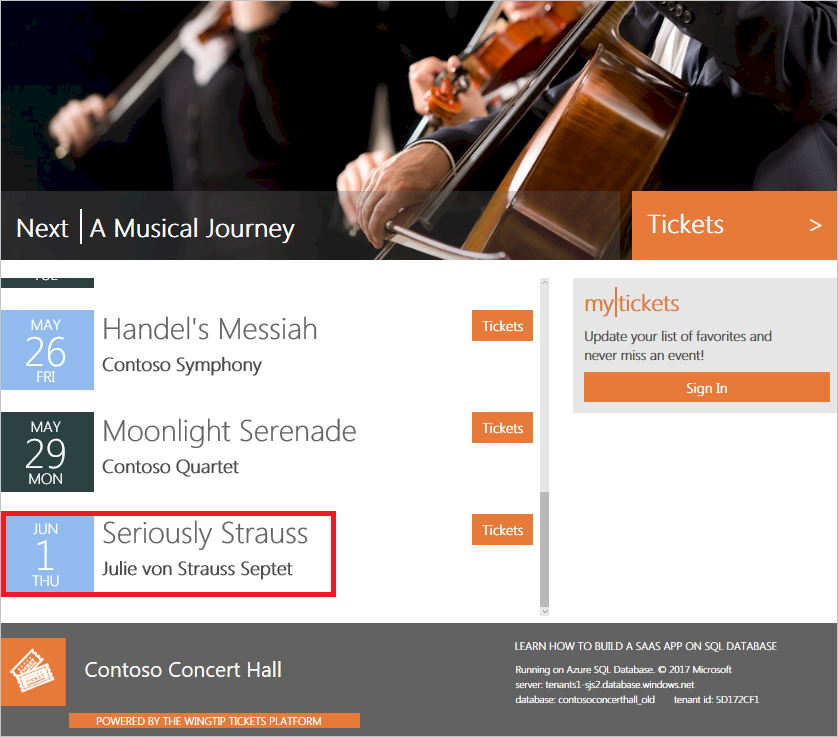 A screenshot from the sample application. The last event appears.