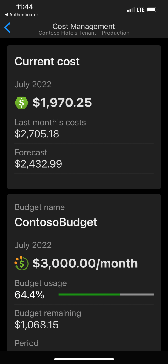 Example screenshot showing the iOS version of the Azure app with Cost Management subscription information.