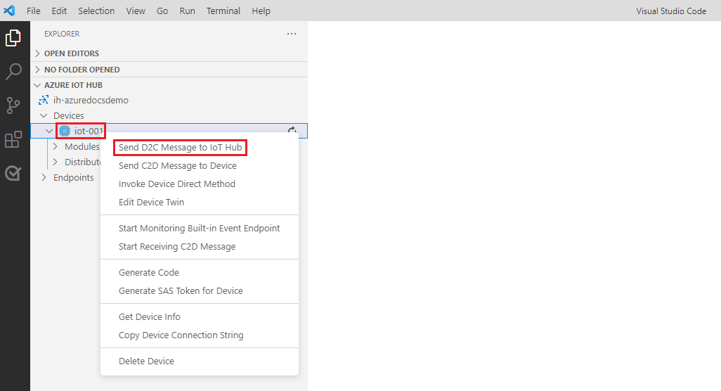Screenshot that shows Visual Studio Code with the Azure IoT Hub extension and the Send D2C Message to IoT Hub option selected.