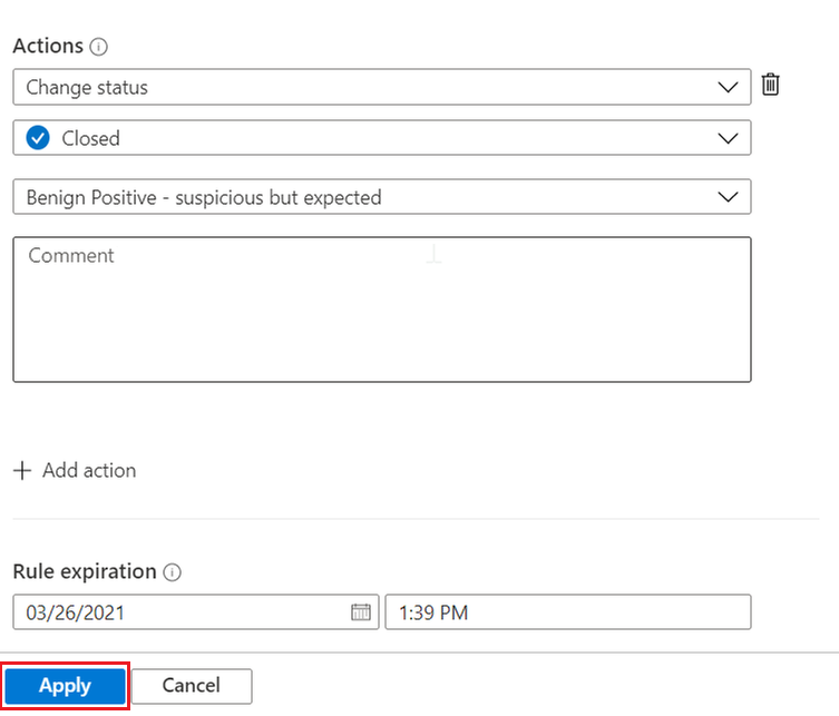 Microsoft Azure Sentinel でオートメーション ルールの作成と適用を完了する方法を示すスクリーンショット。
