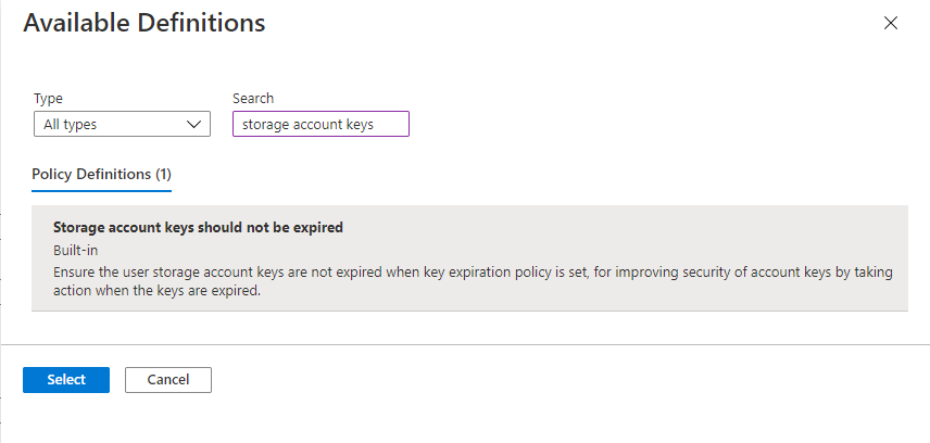 Screenshot showing how to select the built-in policy to monitor key rotation intervals for your storage accounts