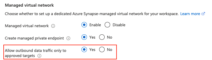 Screenshot of the Managed virtual network page, with the Allow outbound data traffic only to approved targets option to Yes.
