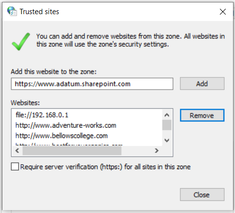 Web サイトを追加または削除し、信頼されたサイトのセキュリティ設定を管理するオプションを示す [信頼済みサイト] ダイアログ ボックスのスクリーンショット。