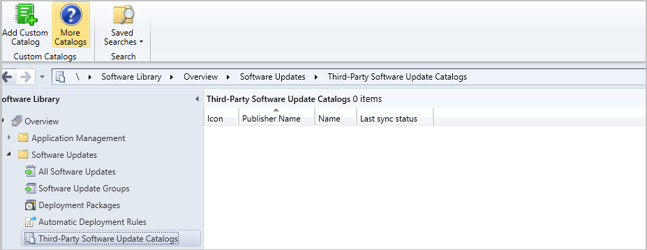 リボンの [その他のカタログ] アイコンが表示された [サード パーティ製ソフトウェア更新プログラム カタログ] ノードのスクリーンショット