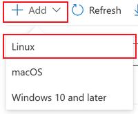 Microsoft Intune管理センターと、デバイス、スクリプト、追加、Linux をドロップダウン リストから選択してカスタム Bash スクリプトを追加する方法を示すスクリーンショット。