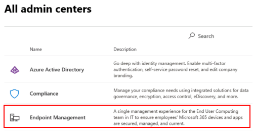 Microsoft 365 管理センター内のすべての管理センターを示すスクリーンショット。
