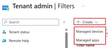 Microsoft Intune管理センターでフィルターを作成するときに [マネージド アプリ] または [マネージド デバイス] を選択するスクリーンショット。