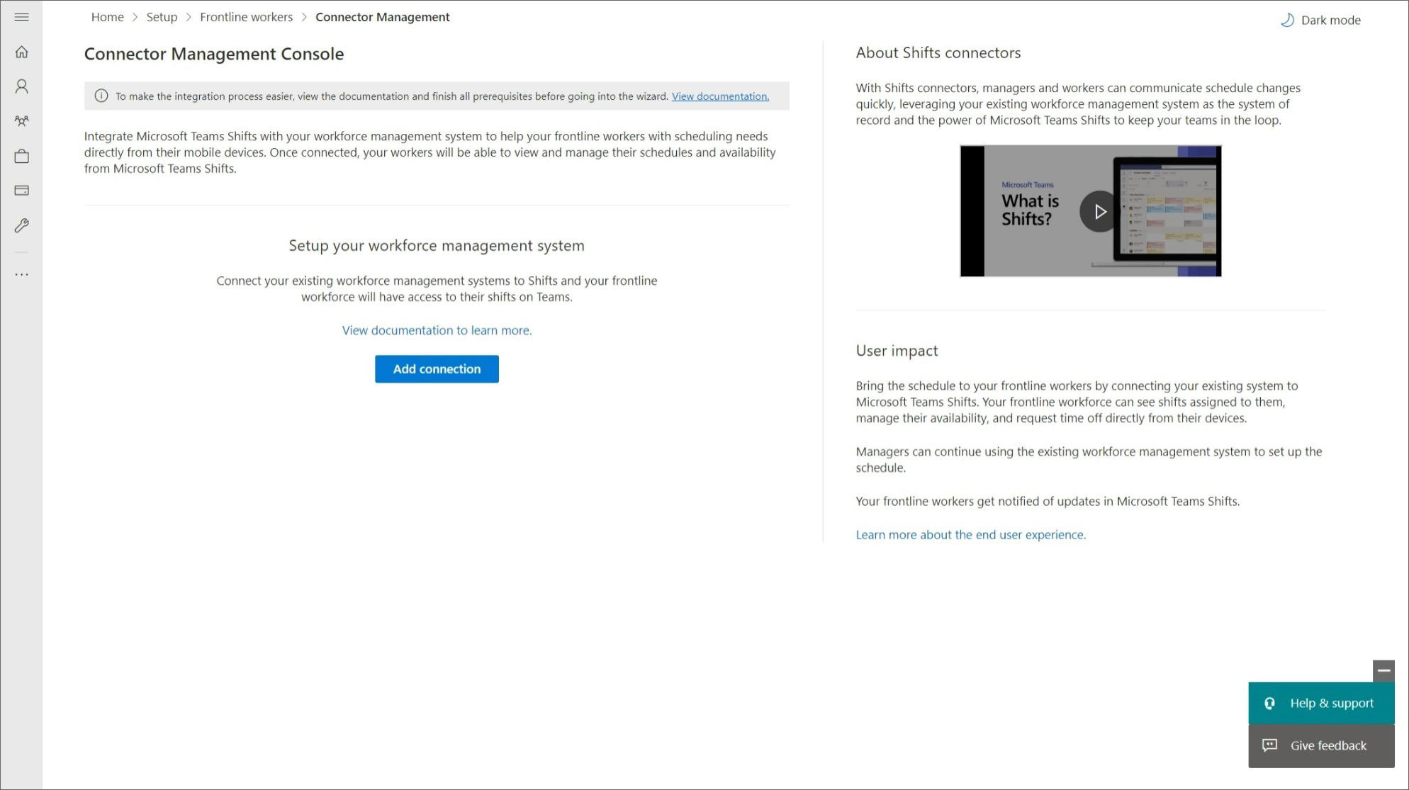 Microsoft 365 管理センターの Shifts コネクタ ウィザードの詳細ページのスクリーンショット。